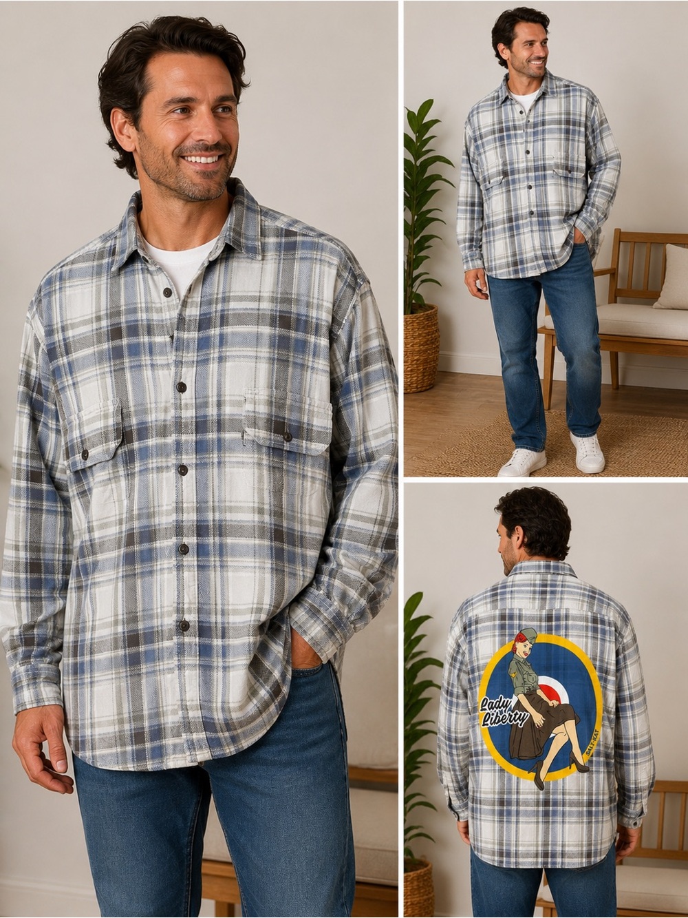 Levi's Gray and Blue Plaid Button-Up Overshirt with Back Graphic